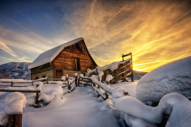 Wooden Cabin in Snow — Yellow, Dramatic, Sunset, Photograph