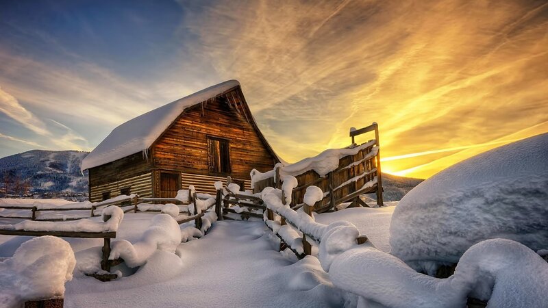 Wooden Cabin in Snow — Yellow, Dramatic, Sunset