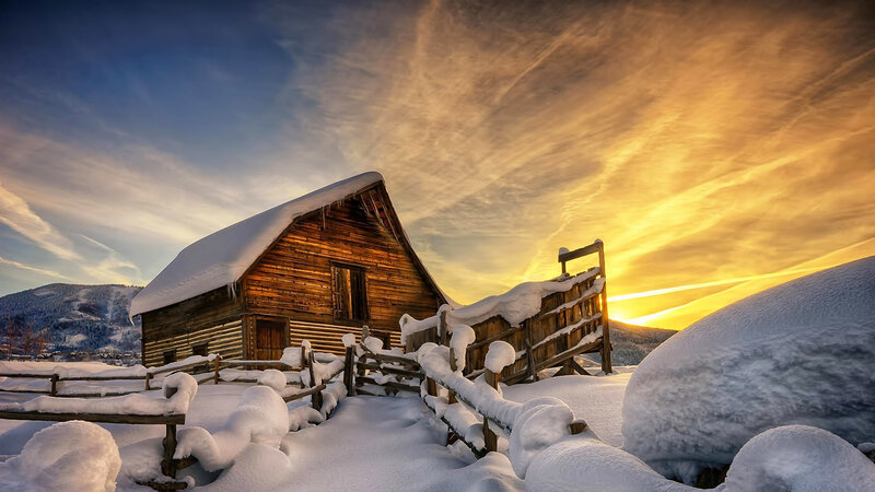 Wooden Cabin in Snow — Yellow, Dramatic