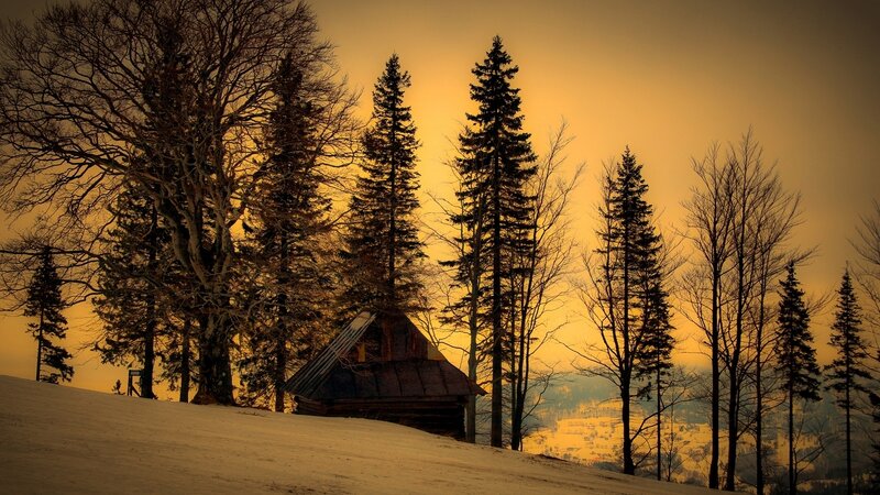 Wooden Cabin in Snow — Yellow, Serene
