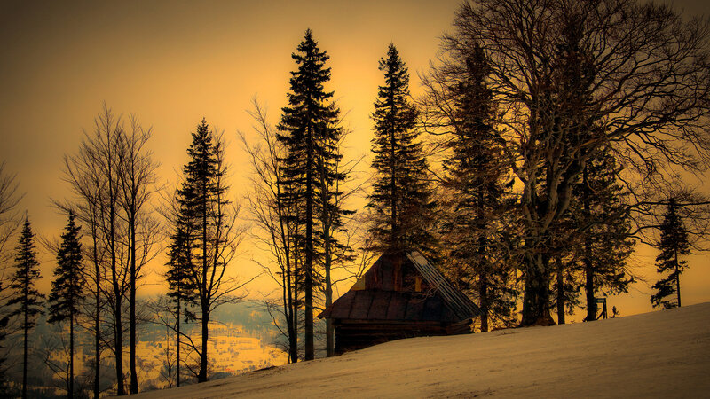 Wooden Cabin in Snow — Yellow