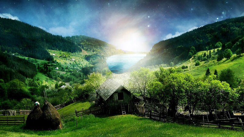 Wooden Cabin in Valley — Green, Serene, Night, Digital Art, Haystacks
