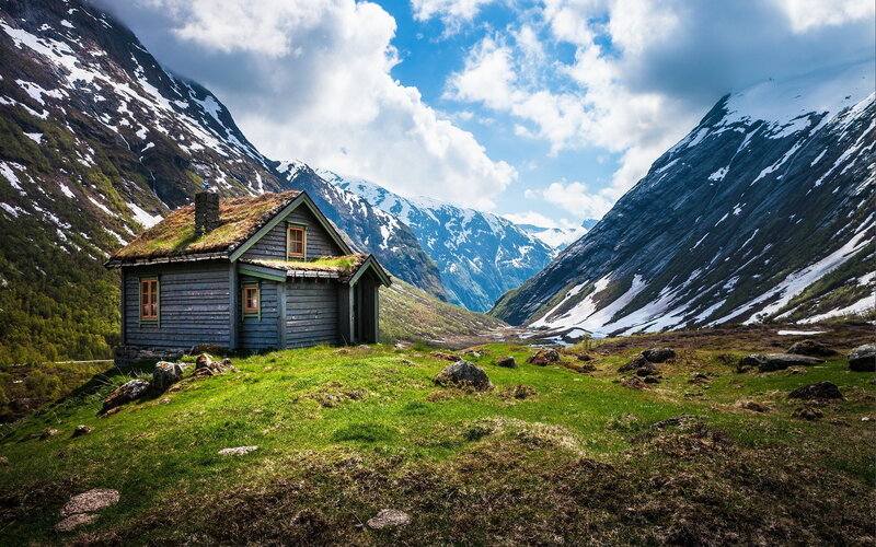 Wooden Cabin in Valley — Green, Serene, Spring, Photograph, Mountains