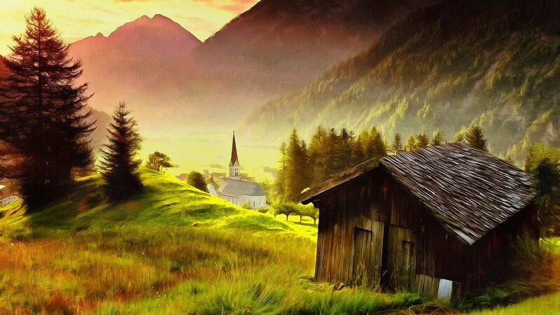 Wooden Cabin in Valley — Green, Serene, Sunset, Digital Art