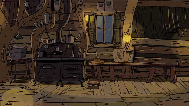 Wooden Cabin Interior — Brown, Cozy, Night, Illustration