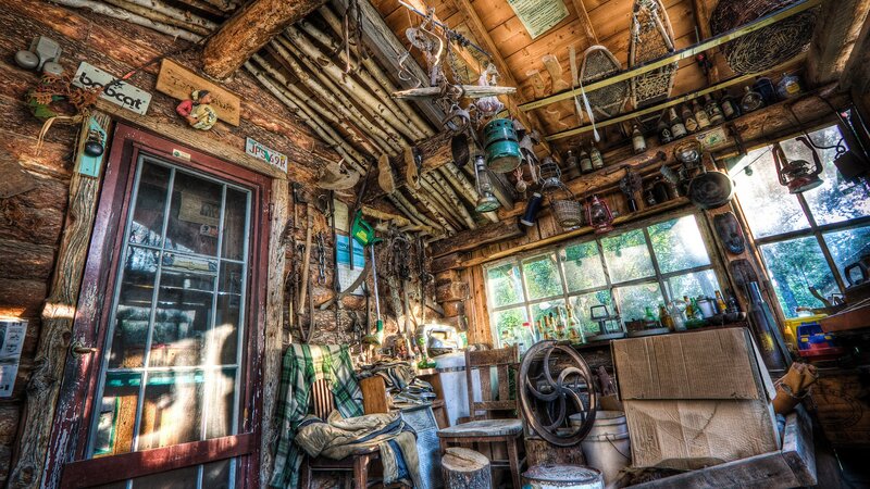 Wooden Cabin Interior — Brown, Dramatic, Afternoon, Photograph, Tools, Windows, Log Walls