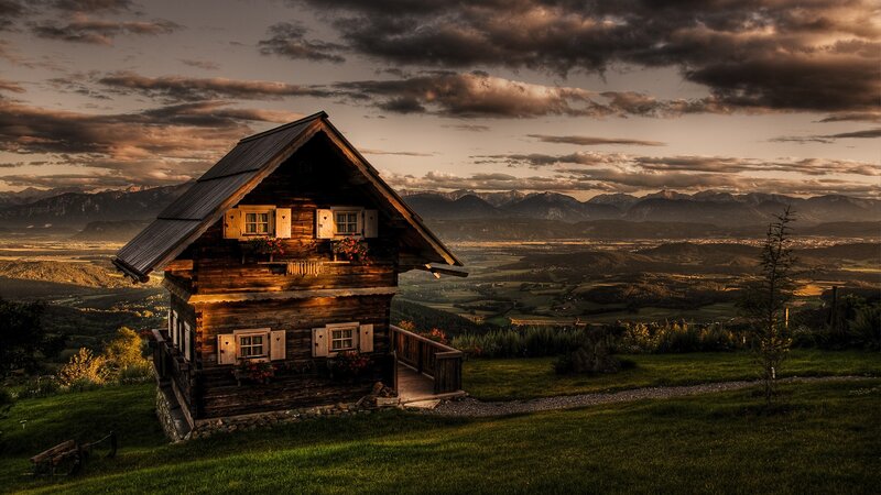 Wooden Cabin on Hill — Brown, Dramatic, Sunset, Photograph, Mountains