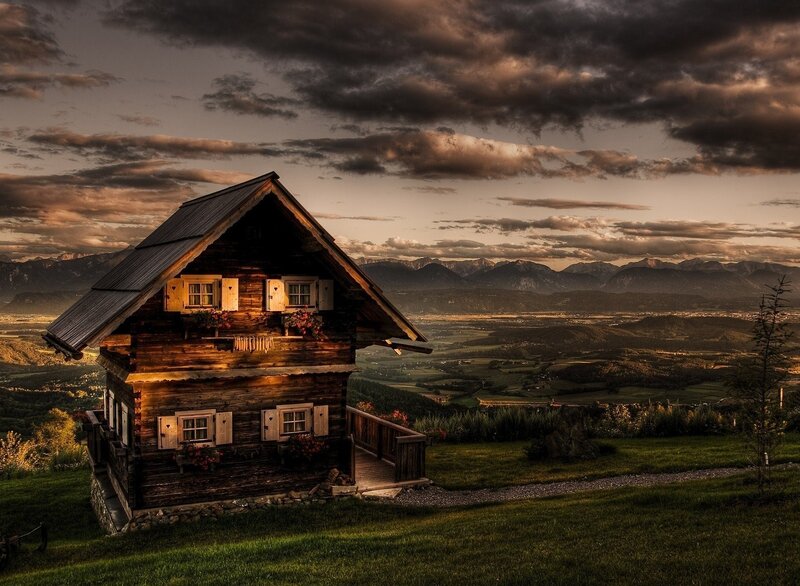 Wooden Cabin on Hill — Brown, Dramatic, Sunset, Photograph, Mountains, Valley, Clouds, Green