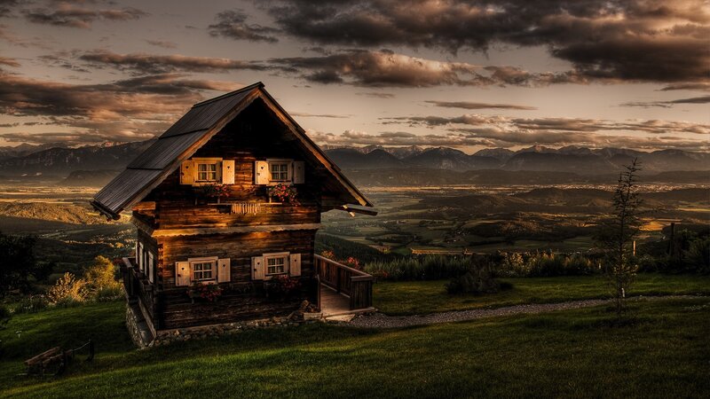 Wooden Cabin on Hill — Brown, Dramatic, Sunset, Photograph, Mountains, Valley, Sky