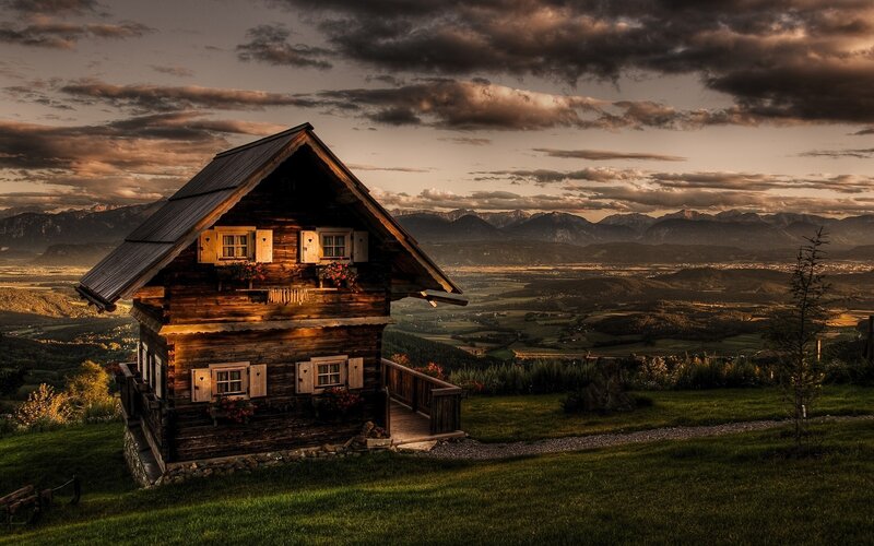Wooden Cabin on Hill — Brown, Dramatic, Sunset, Photograph