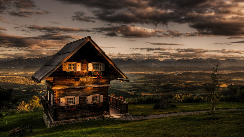 Wooden Cabin on Hill — Brown, Dramatic, Sunset