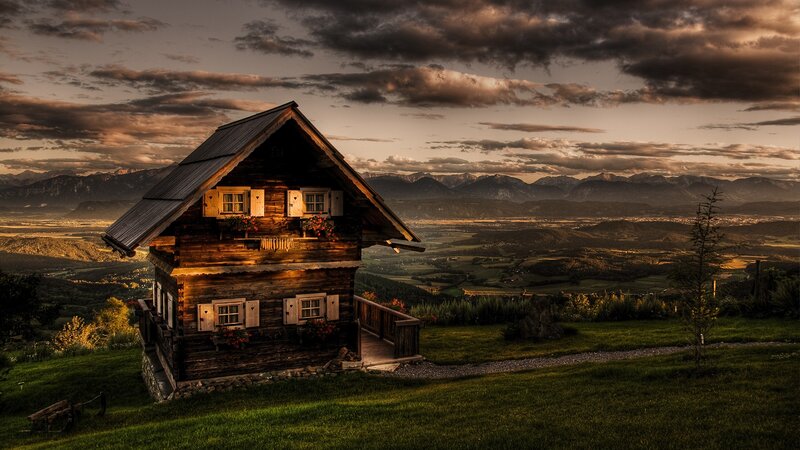 Wooden Cabin on Hill — Brown, Dramatic