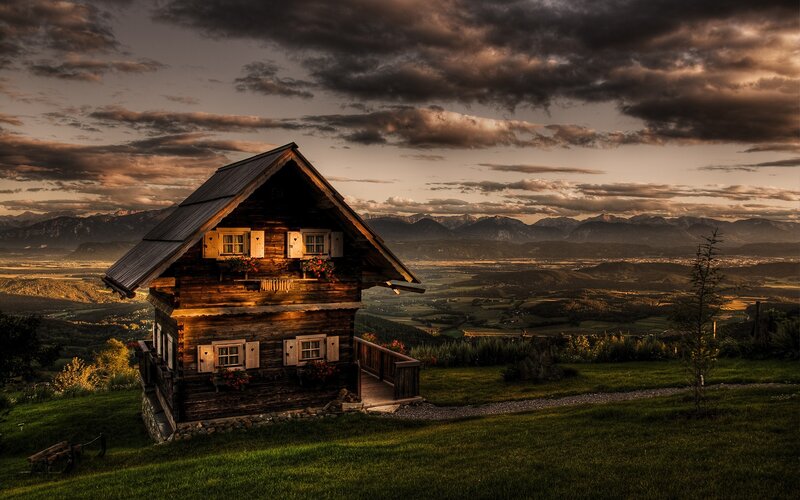 Wooden Cabin on Hill — Green, Dramatic, Sunset, Photograph