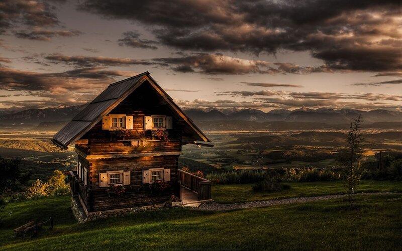 Wooden Cabin on Hill — Green, Dramatic, Sunset