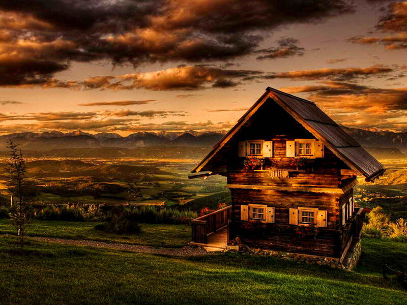 Wooden Cabin on Hill — Green, Dramatic