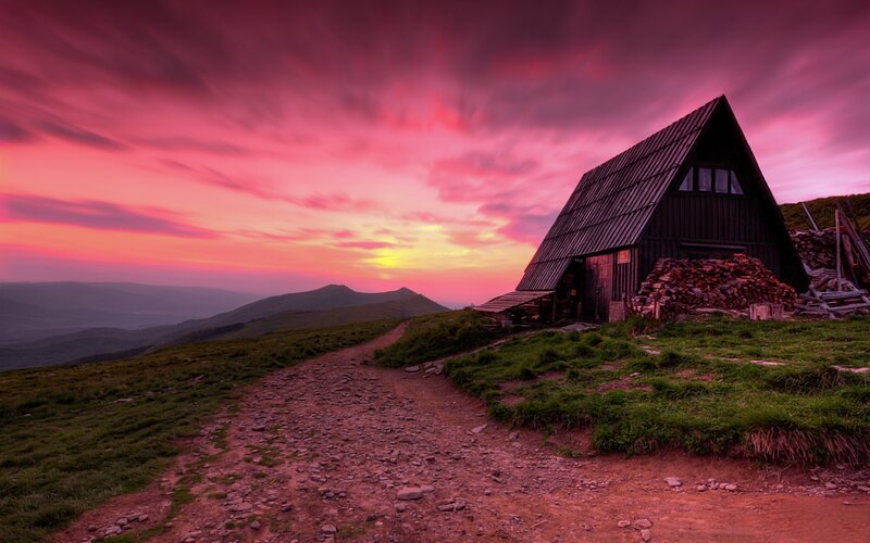 Wooden Cabin on Hill — Pink, Dramatic, Sunset