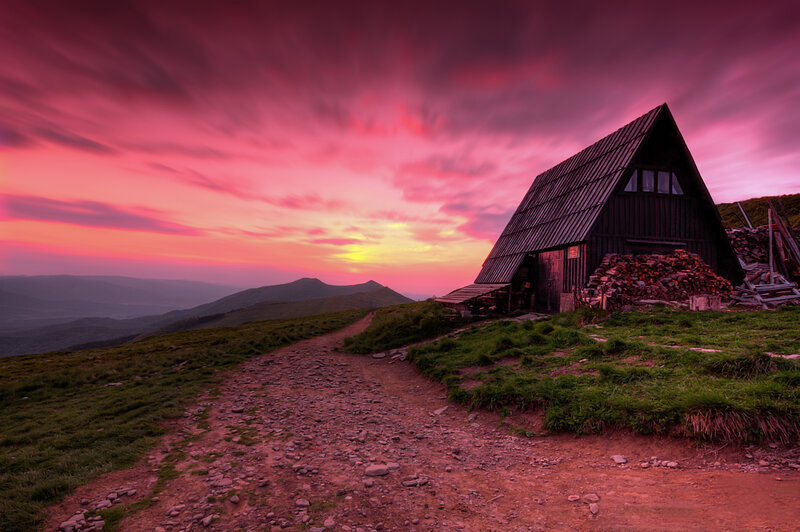 Wooden Cabin on Hill — Pink