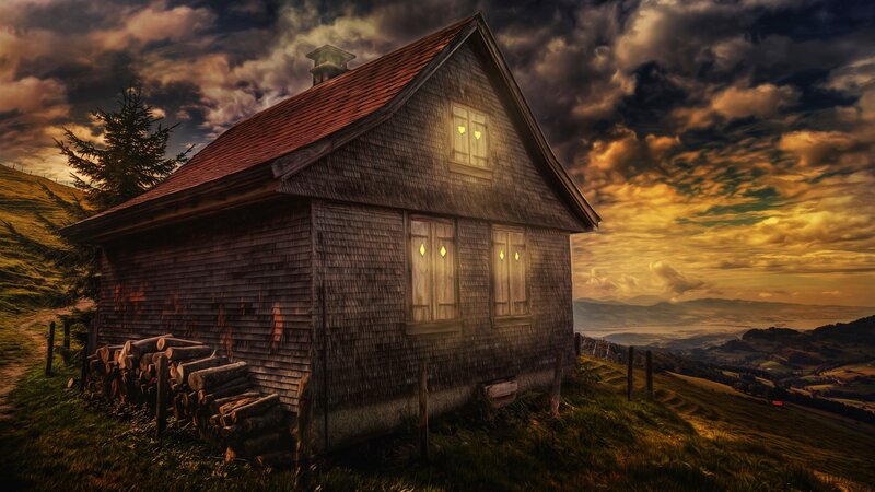 Wooden Cabin on Hillside — Brown, Dramatic, Sunset, Digital Art