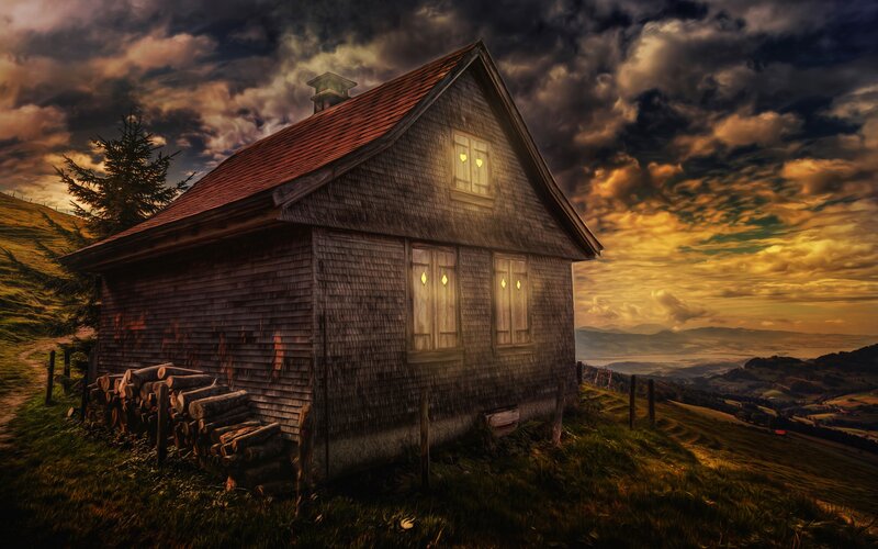 Wooden Cabin on Hillside — Brown, Dramatic, Sunset