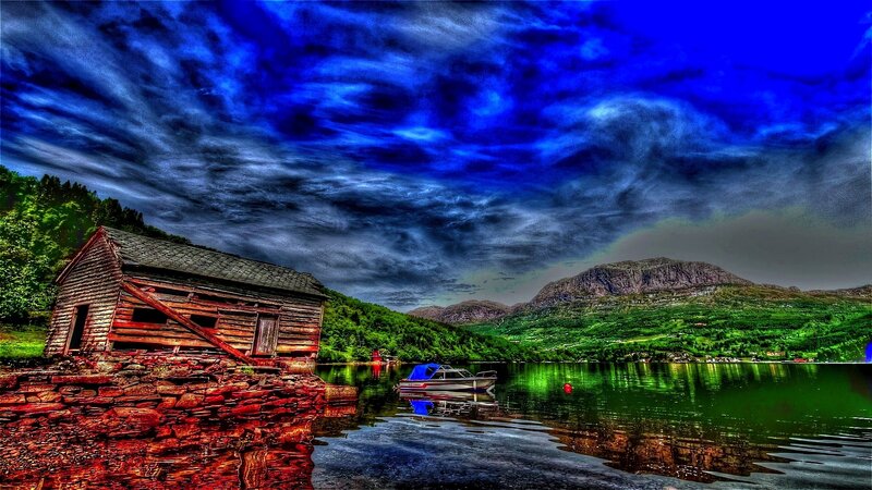 Wooden Cabin on Lake — Blue, Dramatic