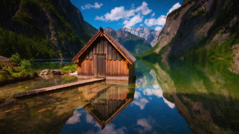 Wooden Cabin on Lake — Blue, Serene, Afternoon, Digital Art