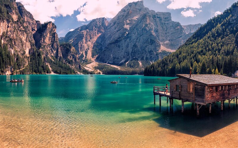 Wooden Cabin on Lake — Blue, Serene, Afternoon, Photograph, Mountains, Boats