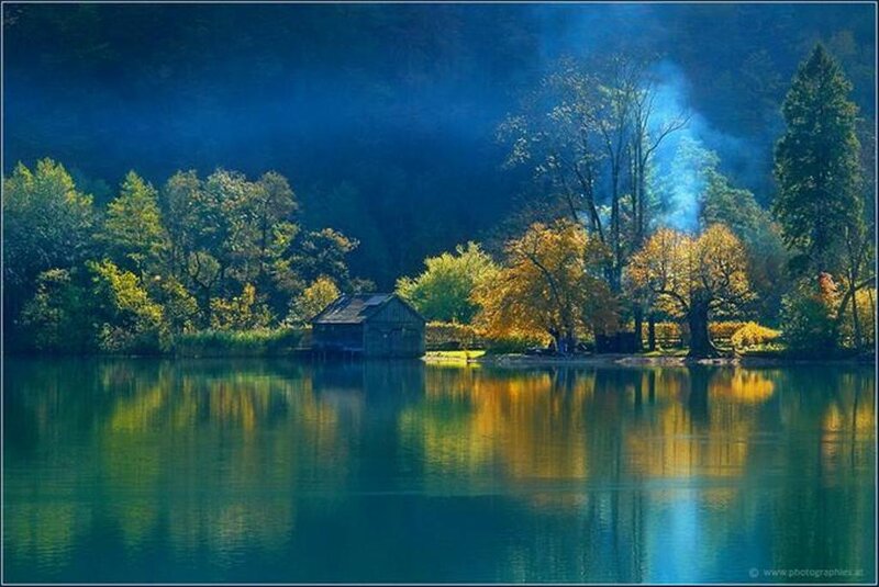 Wooden Cabin on Lake — Blue
