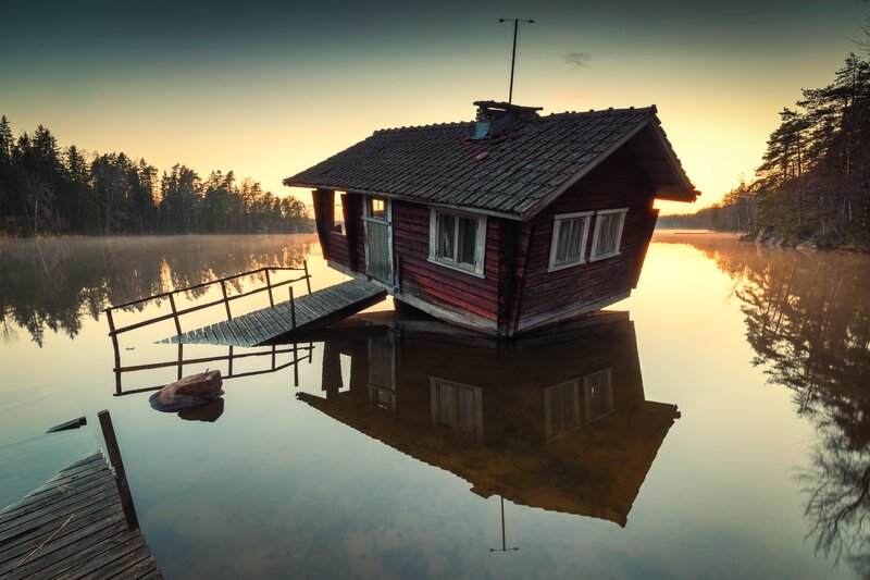 Wooden Cabin on Lake — Brown, Serene, Sunset