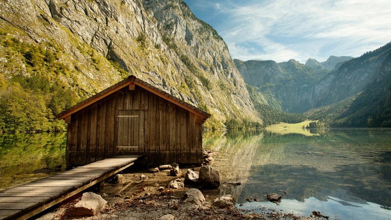 Wooden Cabin on Lake — Brown, Serene
