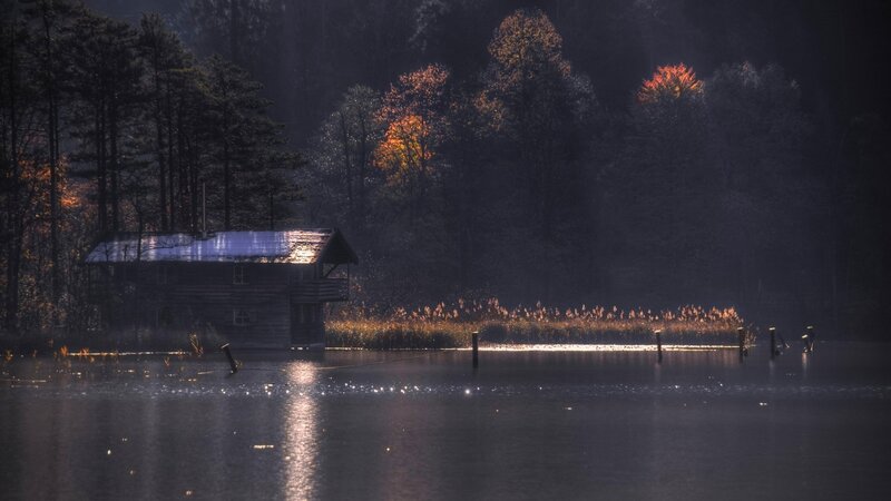 Wooden Cabin on Lake — Dark Blue