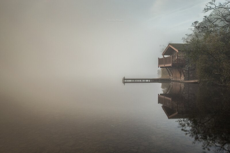 Wooden Cabin on Lake — Gray, Misty
