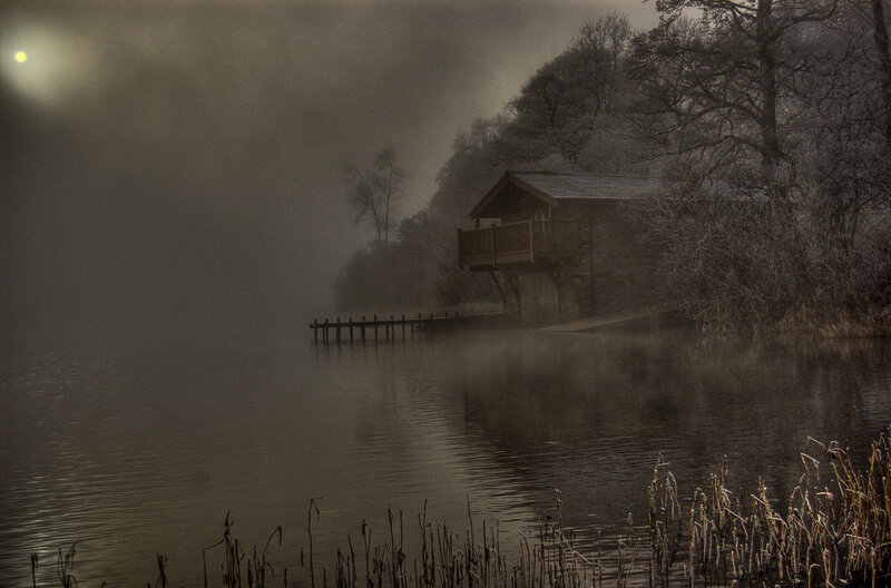 Wooden Cabin on Lake — Gray
