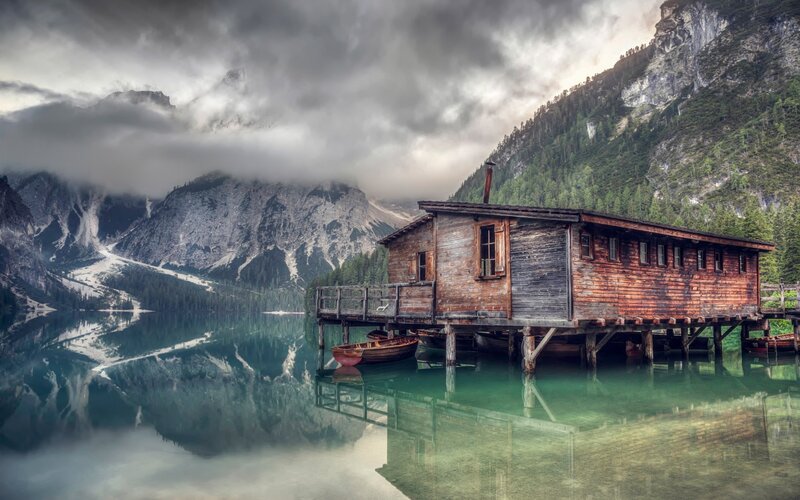 Wooden Cabin on Lake — Green, Dramatic, Photograph