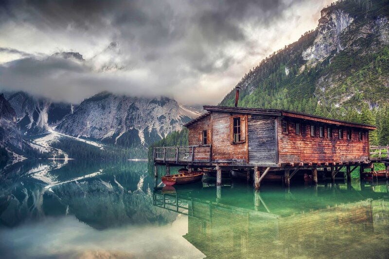 Wooden Cabin on Lake — Green, Dramatic