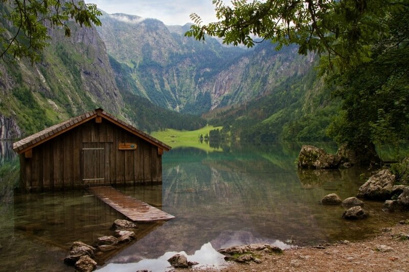 Wooden Cabin on Lake — Green, Serene, Afternoon, Photograph, Mountains, Trees