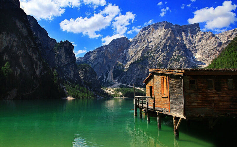 Wooden Cabin on Lake — Green, Serene, Afternoon