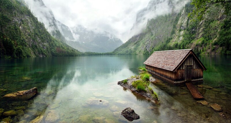 Wooden Cabin on Lake — Green, Serene, Morning