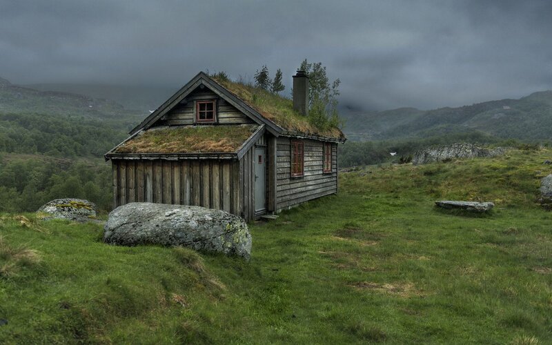 Wooden Cabin with Grass Roof — Green, Dreary