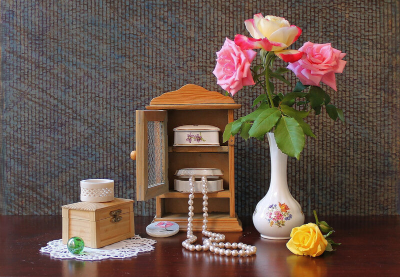 Wooden Cabinet with Flowers — Brown