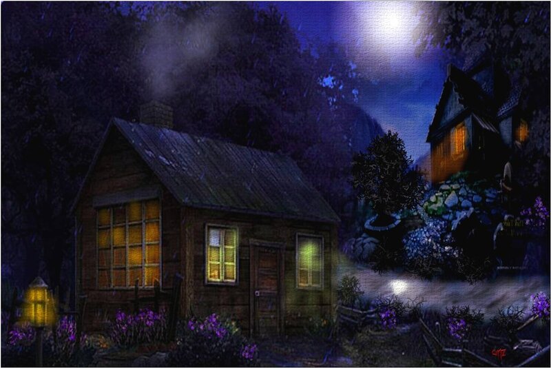 Wooden Cabins at Night — Purple