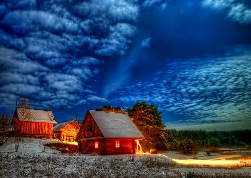 Wooden Cabins at Night