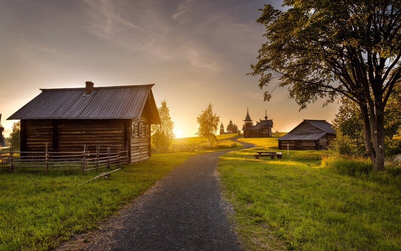 Wooden Cabins at Sunset — Green