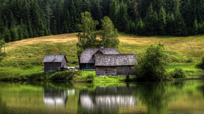 Wooden Cabins by Lake — Green, Serene