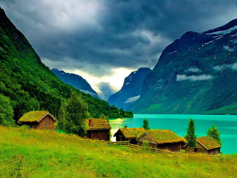 Wooden Cabins by Lake — Green