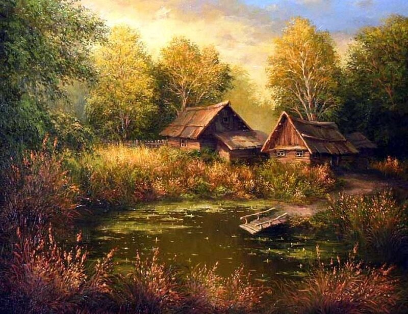 Wooden Cabins by Pond