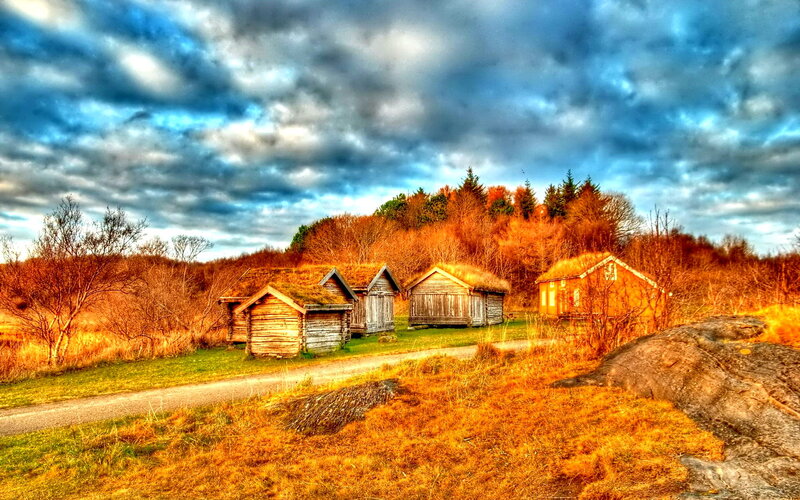 Wooden Cabins in Field — Blue
