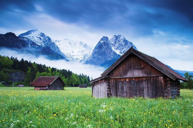 Wooden Cabins in Field