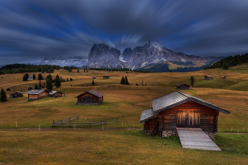 Wooden Cabins in Mountains — Blue