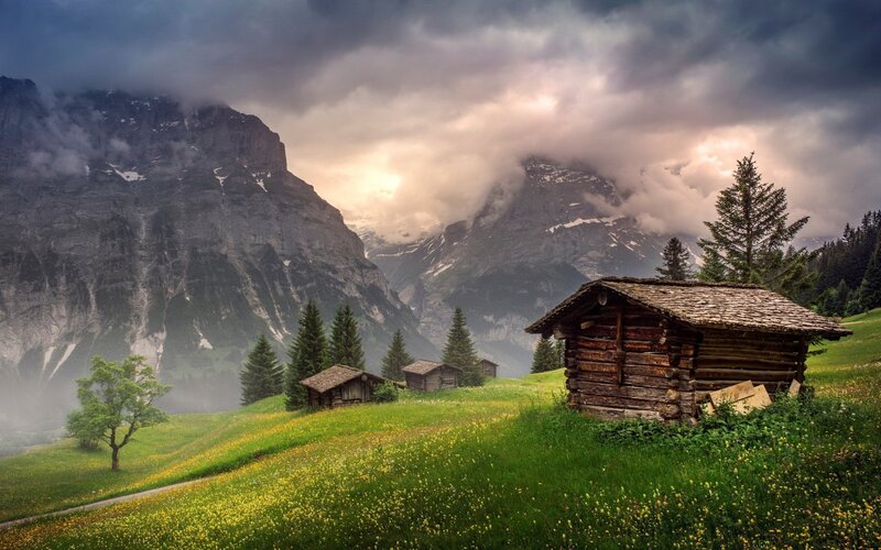Wooden Cabins in Mountains — Green, Dramatic, Morning