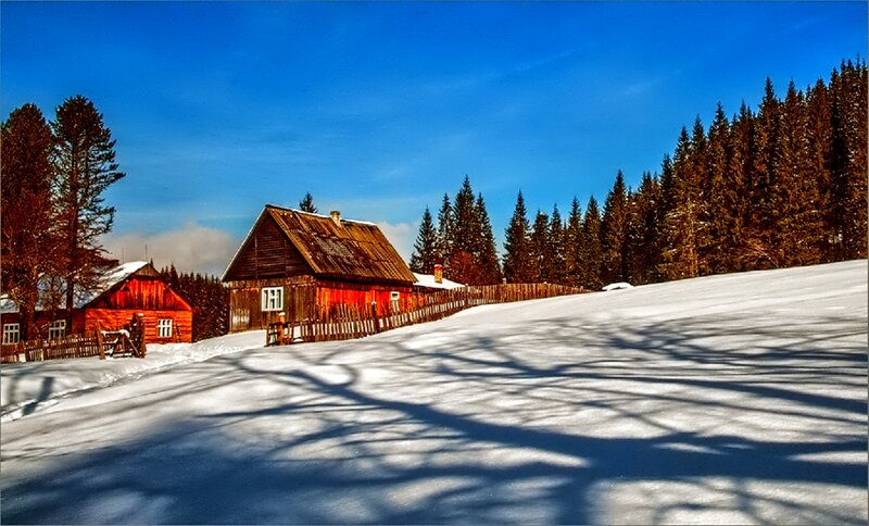 Wooden Cabins in Snow — Blue, Serene